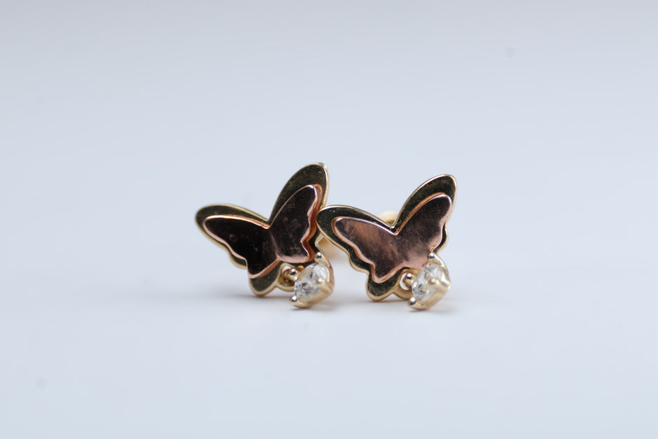 Broqueles Mariposa Doble en Oro Amarillo 10k con Circonia Cod.14950