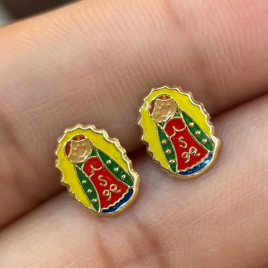 Broqueles Virgencita Esmaltada en Oro Amarillo 10k Cod. Bro189 9mm
