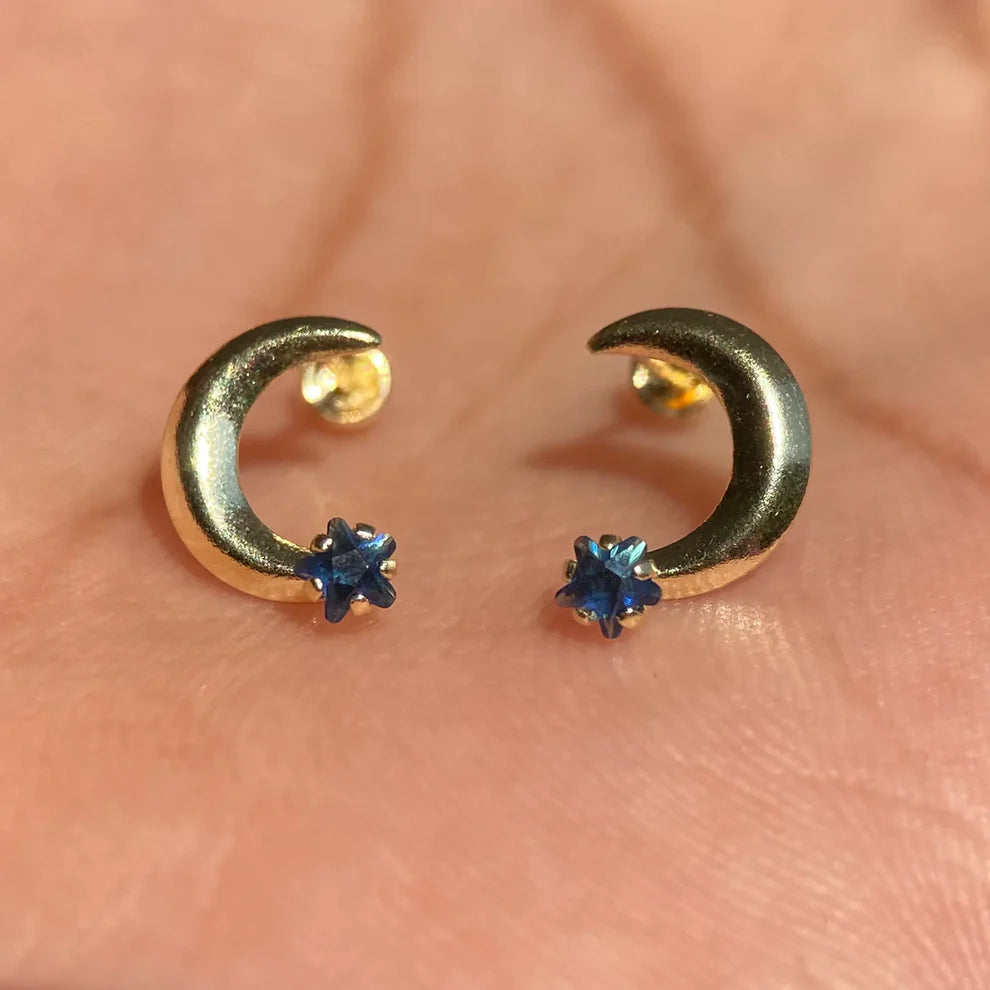 Broqueles Luna con Estrella Oro Amarillo 10k con Circonia Azul Cod. BRO238 8.5mm