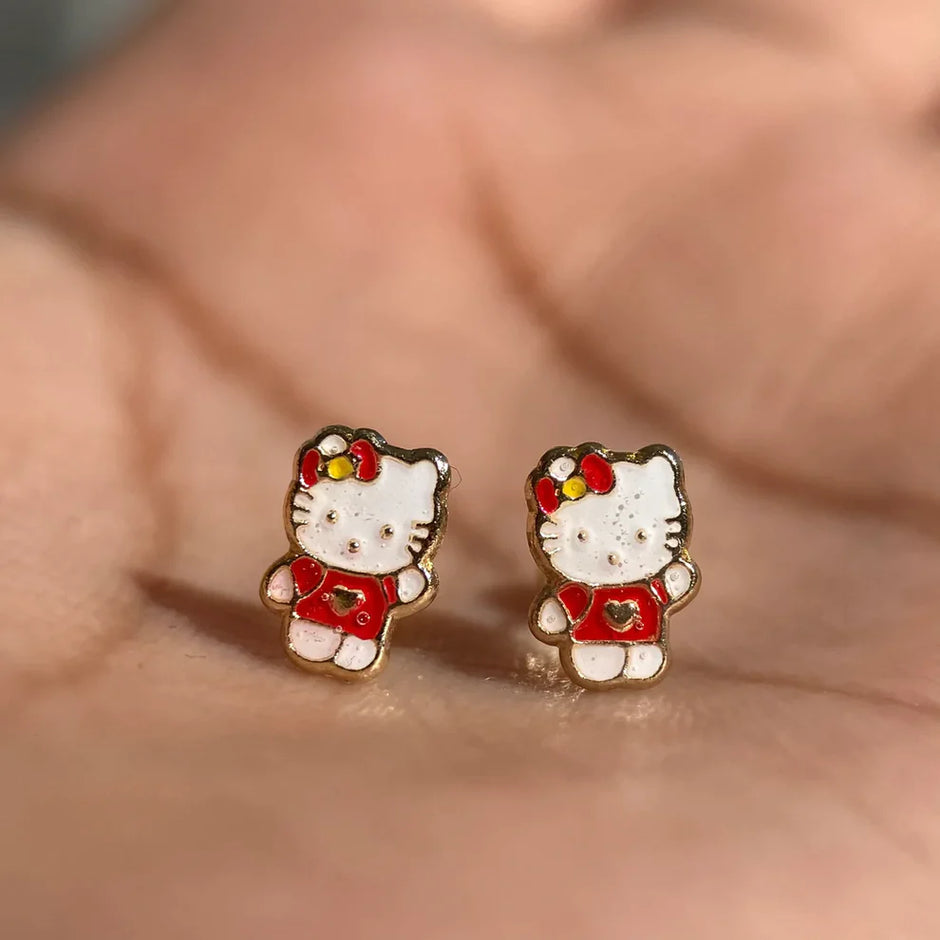 Broqueles Kitty Roja en Oro Amarillo 10k Cod. BRO339 8mm