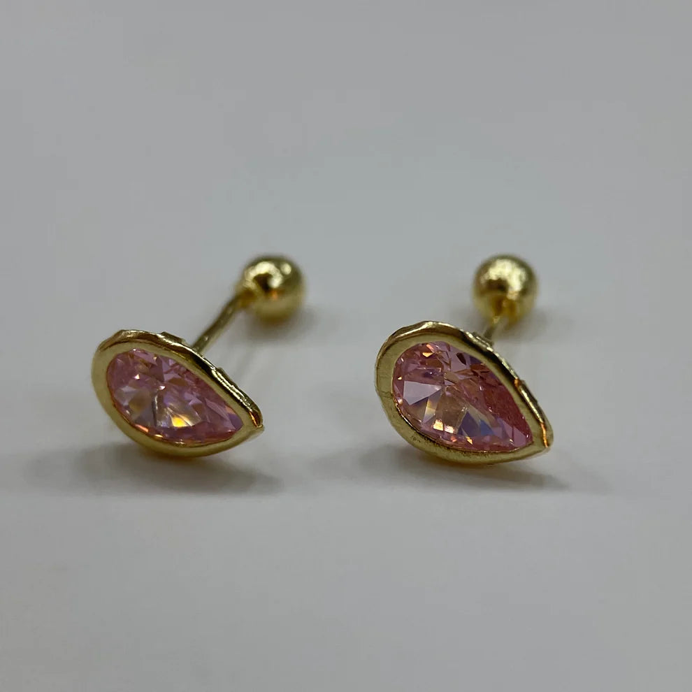 Broqueles Gota Bisel en Oro Amarillo 10k con Circonia Rosa Cod.BRO217 7mm