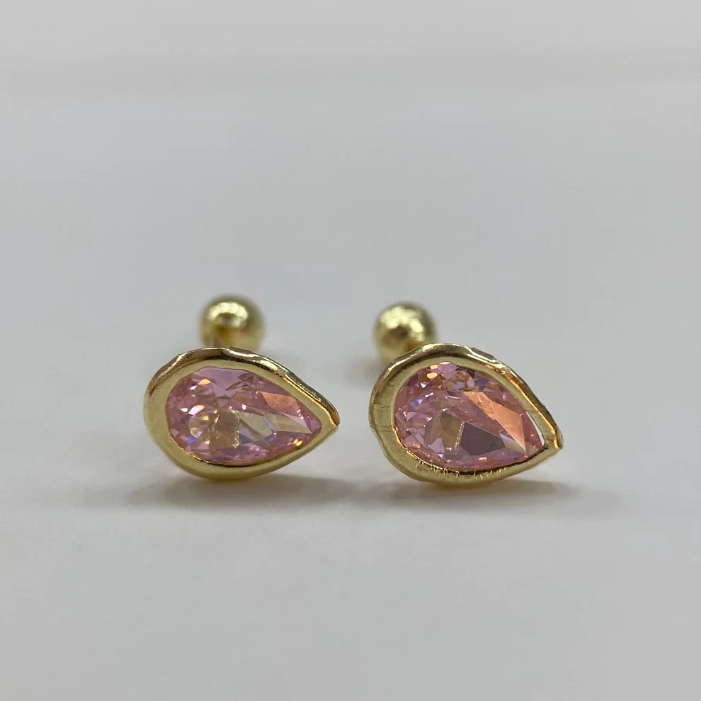 Broqueles Gota Bisel en Oro Amarillo 10k con Circonia Rosa Cod.BRO217 7mm