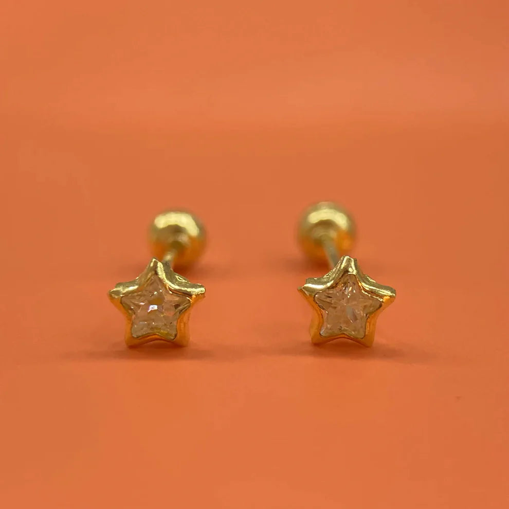 Broqueles Estrella Bisel en Oro Amarillo 10k con Circonia Cod.BROML008 2.5mm