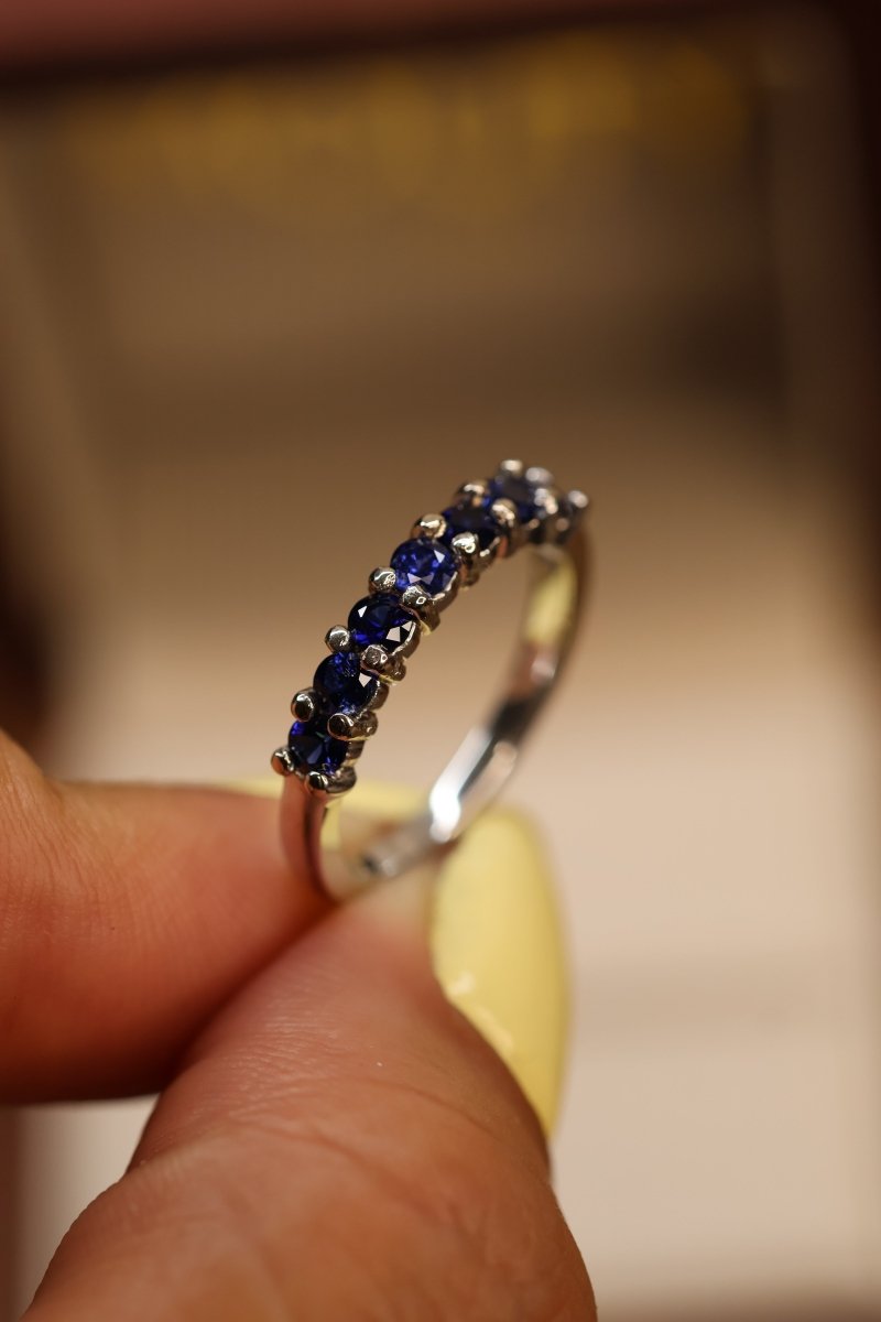 Media Churumbela en Oro Blanco 14k con Zafiros Azul Rey Mod.15950 Talla - 6 - Mouty Joyería