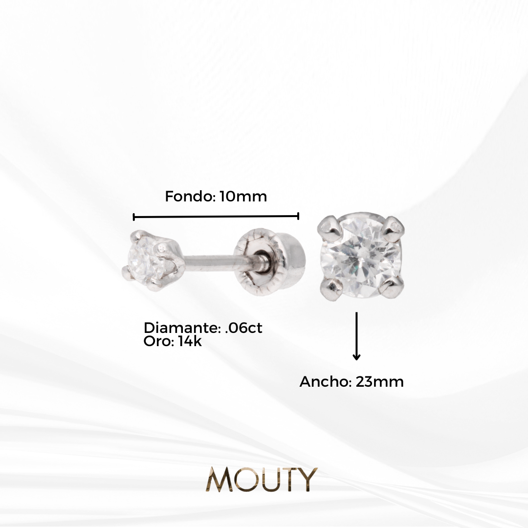 Aretes Broqueles Oro Blanco Solido 14k Con Diamante .06 Ct