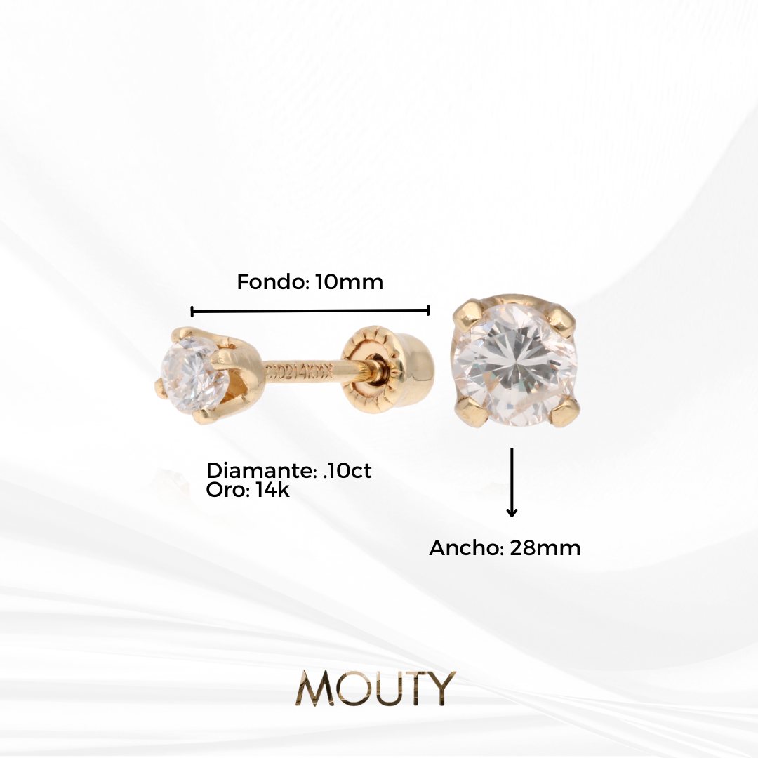 Aretes Broqueles Oro amarillo Solido 14k Con Diamante .10 Ct