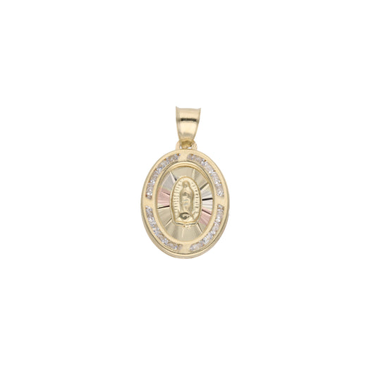 Dije de virgen de Guadalupe con  diamantado con circonias oro florentino  10k  1.7cm*1.3cm