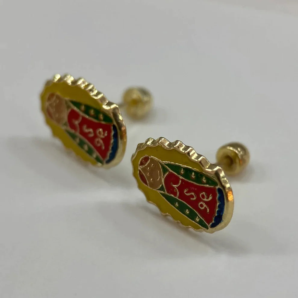Broqueles Virgencita Esmaltada en Oro Amarillo 10k Cod. Bro189 9mm