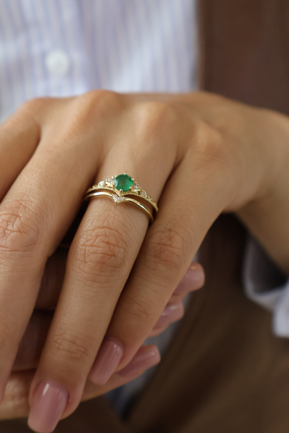 Dúo de Anillos Cleopatra en Oro con Esmeralda y Circonias 0.53 ct
