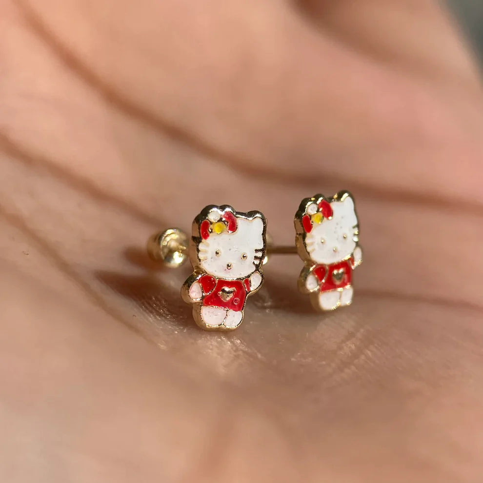 Broqueles Kitty Roja en Oro Amarillo 10k Cod. BRO339 8mm