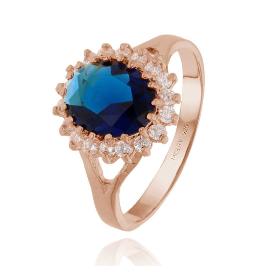 Anillo Renata en plata con baño de oro rosa con circonia azul (Lady Di)