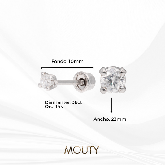 Aretes Broqueles Oro Blanco Solido 14k Con Diamante .06 Ct