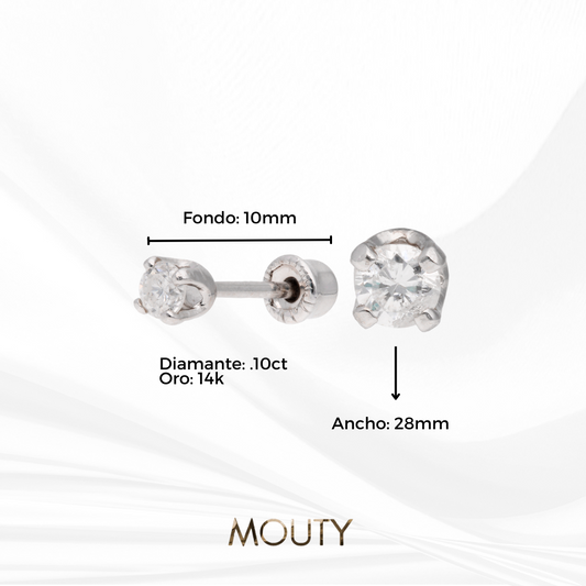 Aretes Broqueles Oro blanco Solido 14k Con Diamante .10 Ct