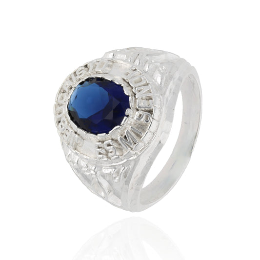 Anillo Cristo en plata con circonia Azul