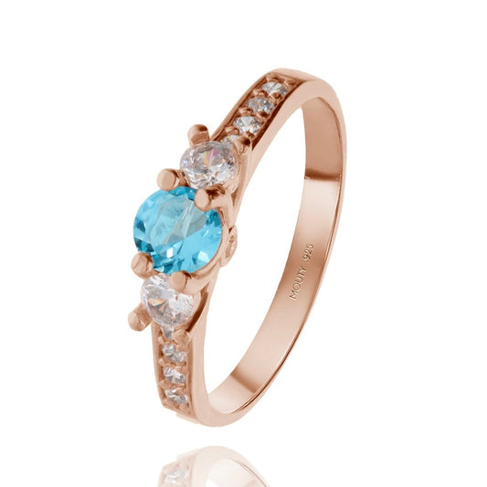 Anillo Cielo en plata con baño de oro rosa con circonia azul