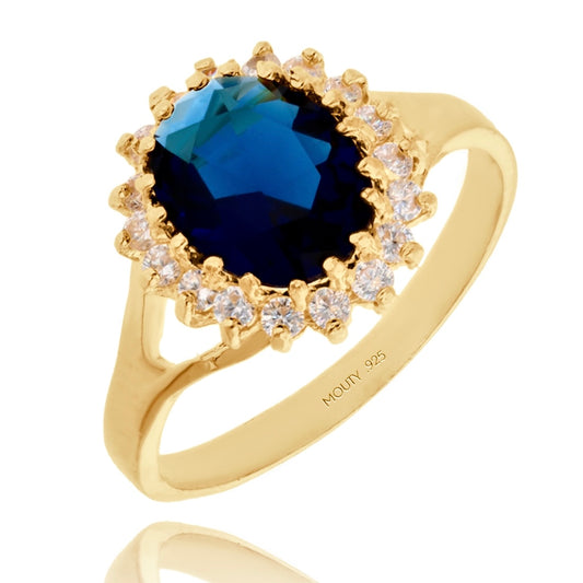 Anillo Renata de Plata en Baño de Oro Amarillo con Circonia Azul (Lady Di)