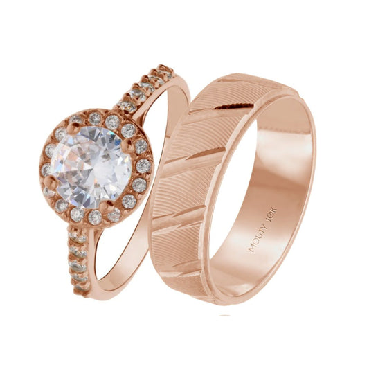 Dúo de anillos Adelaide-Richard en oro rosa 14k con circonias
