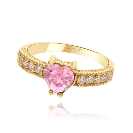 Anillo Fanny de Plata en Baño de Oro Amarillo con Circonia Rosa