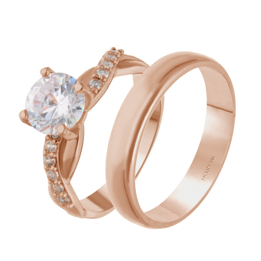 Dúo de anillos Julian-Charlize en oro rosa 14k con circonias