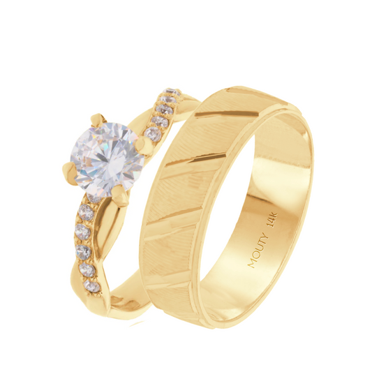 Duo de Anillos Charlize-Richard en oro amarillo 14k con Circonias