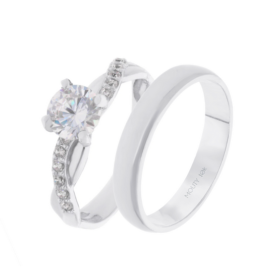 Duo de Anillos Charlize-Julian en oro blanco 10k con Circonias