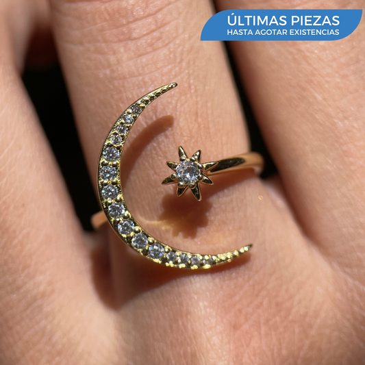 Anillo Luna de Plata italiana en Baño de Oro Amarillo con Circonias